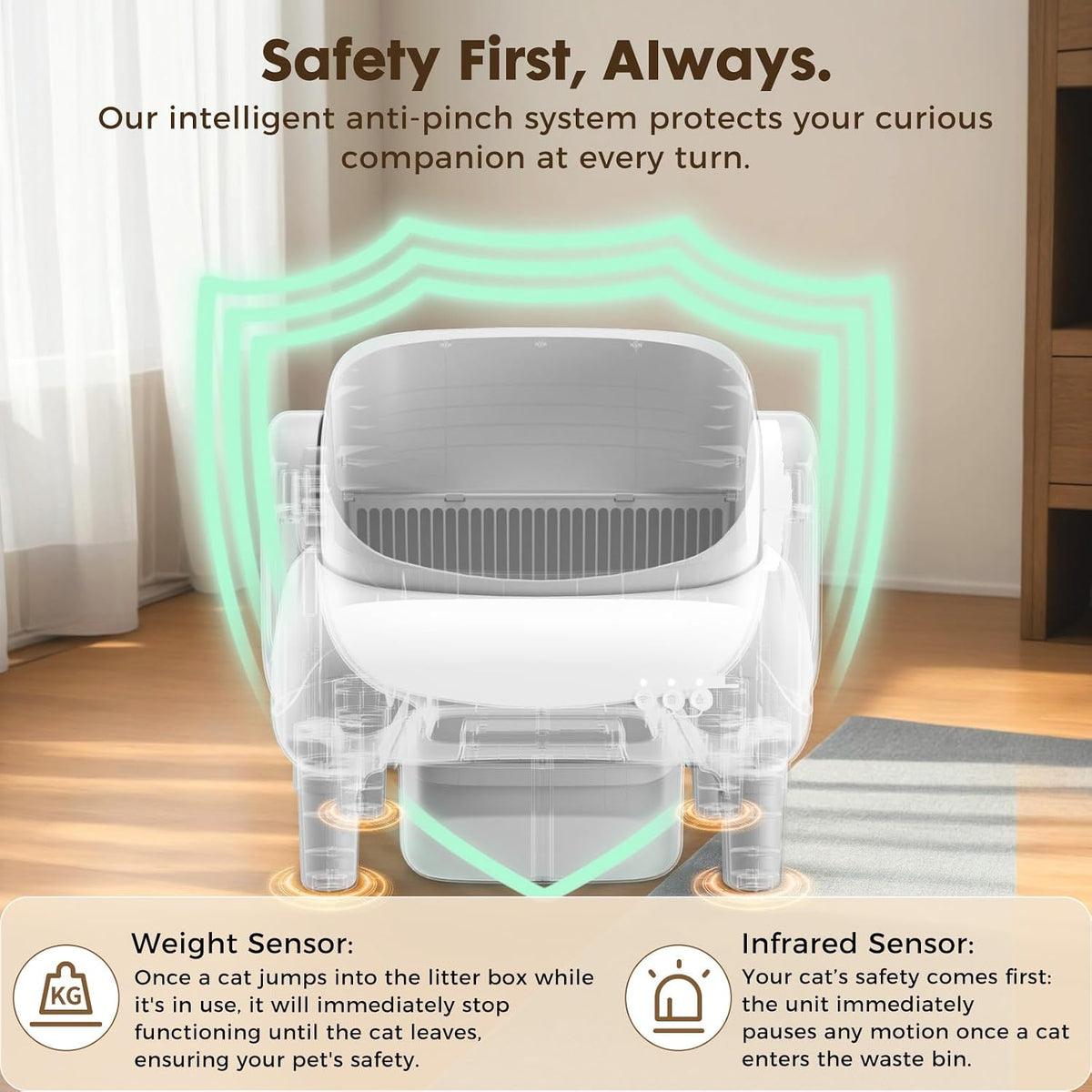 GTPLAYER Smart Cat Litter Box, Open-Top Self Cleaning Cat Litter Box with App Control, Safety Sensors, Large Capacity Waste Bin, Easy Maintenance, Automatic Litter Box for Multi-Cat Homes, White