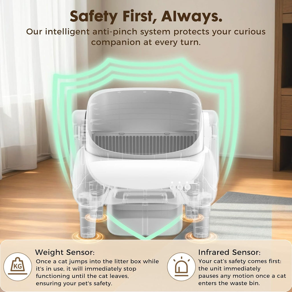 GTPLAYER Self Cleaning Litter Box, Open Top Cat Automatic Litter Box - APP Control and Weight Monitoring, Safety Sensors Protection, Ultra-Quiet, Odor Control, Includes Trash Bag& Scrub Brush, White