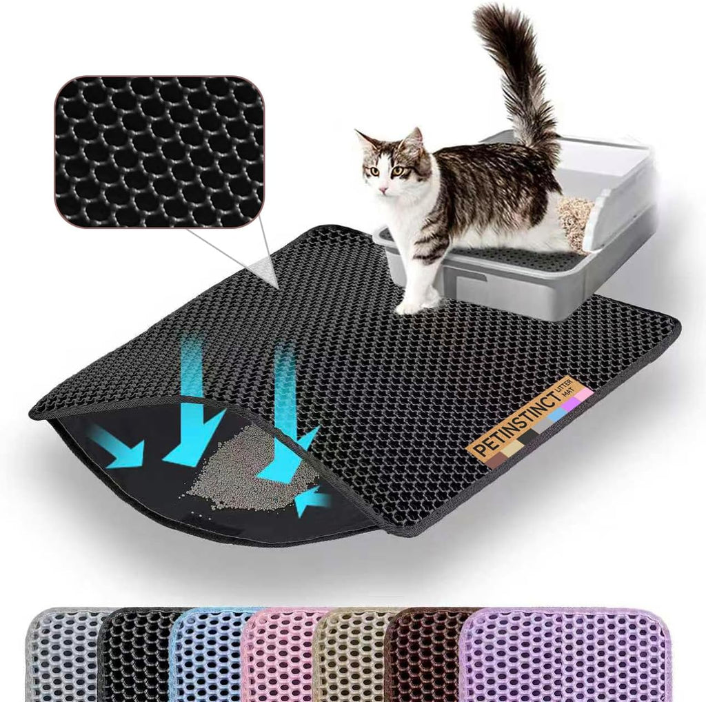 Cat Litter Mat, Double Layer Honeycomb Litter Box Mat | 24x18”, Efficient Litter Trapping, Easy to Clean, Waterproof, Non-Slip, Soft on Paws, Scratch Resistant, Black, Large