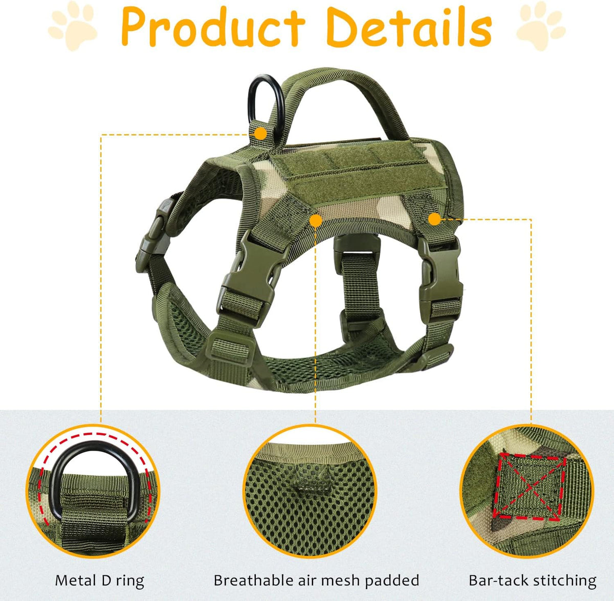 Tactical Cat Harness for Walking, Adjustable Escape-Resistant Vest with Handle and MOLLE Panels, Breathable Harness for Large Cats, Harness Only, Camo Green, L