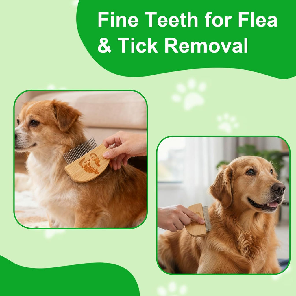 Pet Grooming Combs for Dogs Cats, 2 Pack Bamboo Combs with Wide Fine Teeth for Shedding, Detangling, Flea Removal and Daily Care
