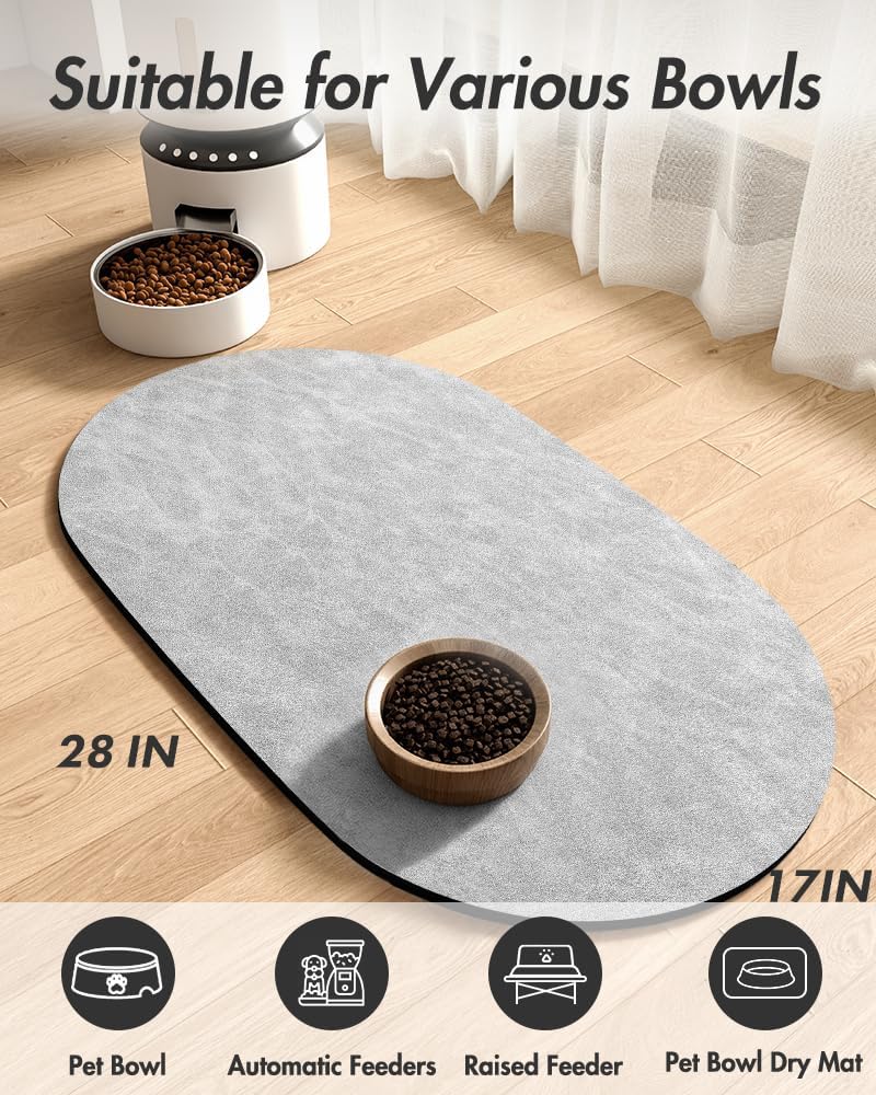 MontVoo Absorbent Dog Food Mat-Dog Mat for Food and Water Bowl | Quick Dry Pet Dish Mat, No Stains & Easy Clean Cat Rug for Messy Drinkers Cat Accessories Pet Supplies, 17"x28", Lightgrey