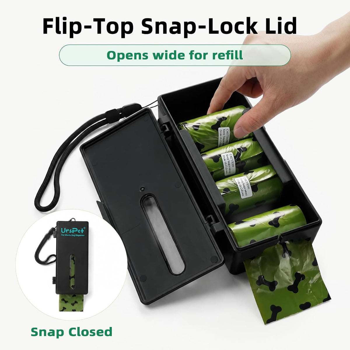 URSPET Dog Poop Bag Dispenser with 4 Rolls, Wall Mount Pet Waste Holder | Stick-On or Screw-On, Viewing Window, Easy Bag Pull, Flip-Top Refill, 60 Bags Included, Indoor and Outdoor Use