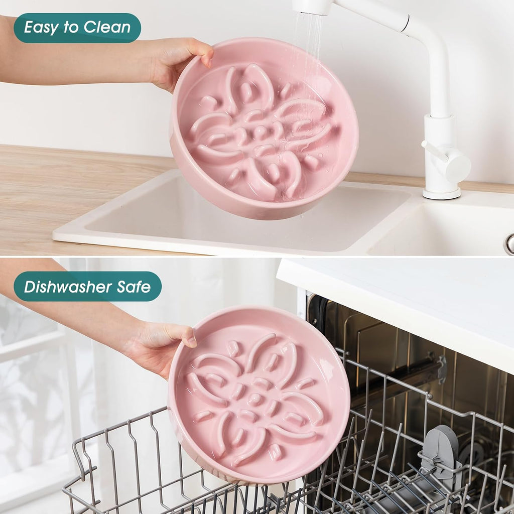 vancasso Ceramic Slow Feeder Dog Bowls, Puzzle Dog Food Bowls with Floral Maze, Anti -Slip Pet Food Dish for Large Breed, 3 Cups, Pink