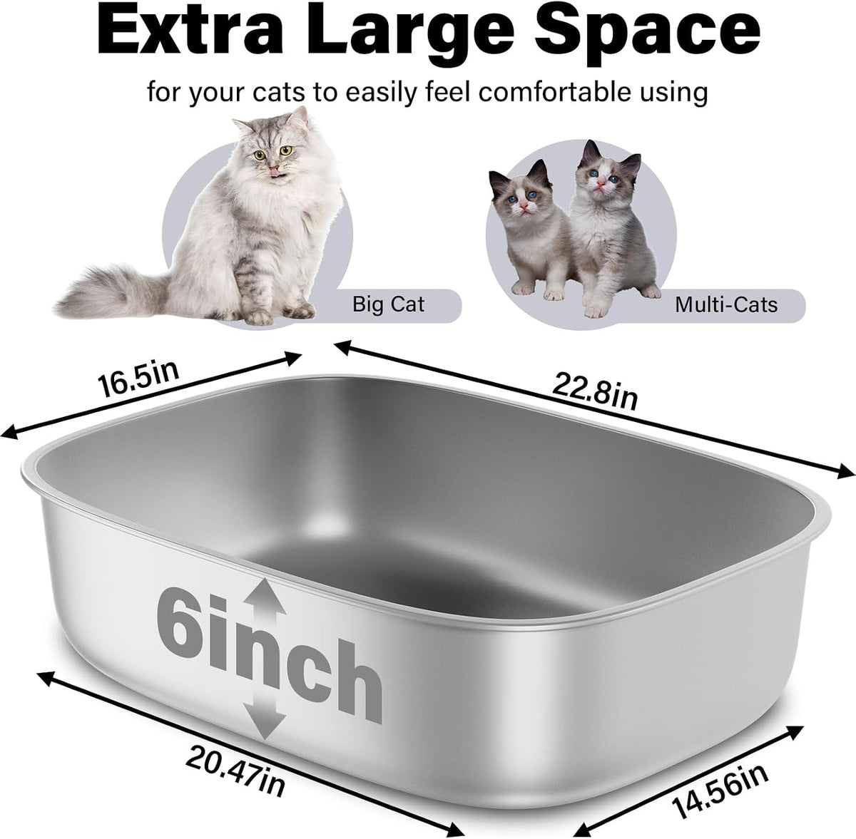 Stainless Steel Litter Box,Oval Metal Litter Box XL | 22.8“x16.5"x6", Extra Large Steel Cat Litter Box for Big Cats, Non Stick Surface, Easy to Clean