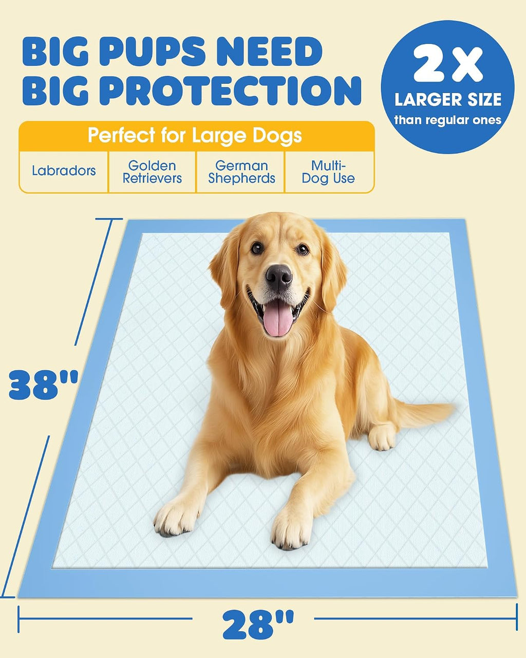 Powools Extra Large Pee Pads, 38 x 28 in, 6-Layer Leakproof, 50-Pack