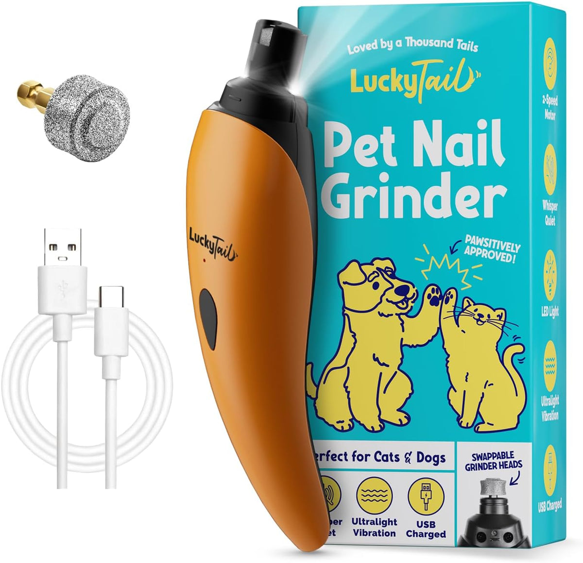 LuckyTail Dog Nail Grinder, Whisper-Quiet, Low-Vibration Trimmer with Light