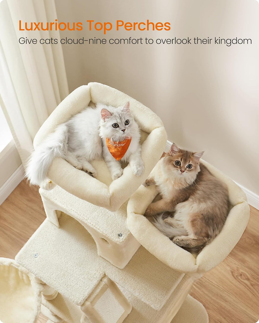 Feandrea Cat Tree, 66.1-Inch Large Cat Tower, Multi-Level Condo, Beige