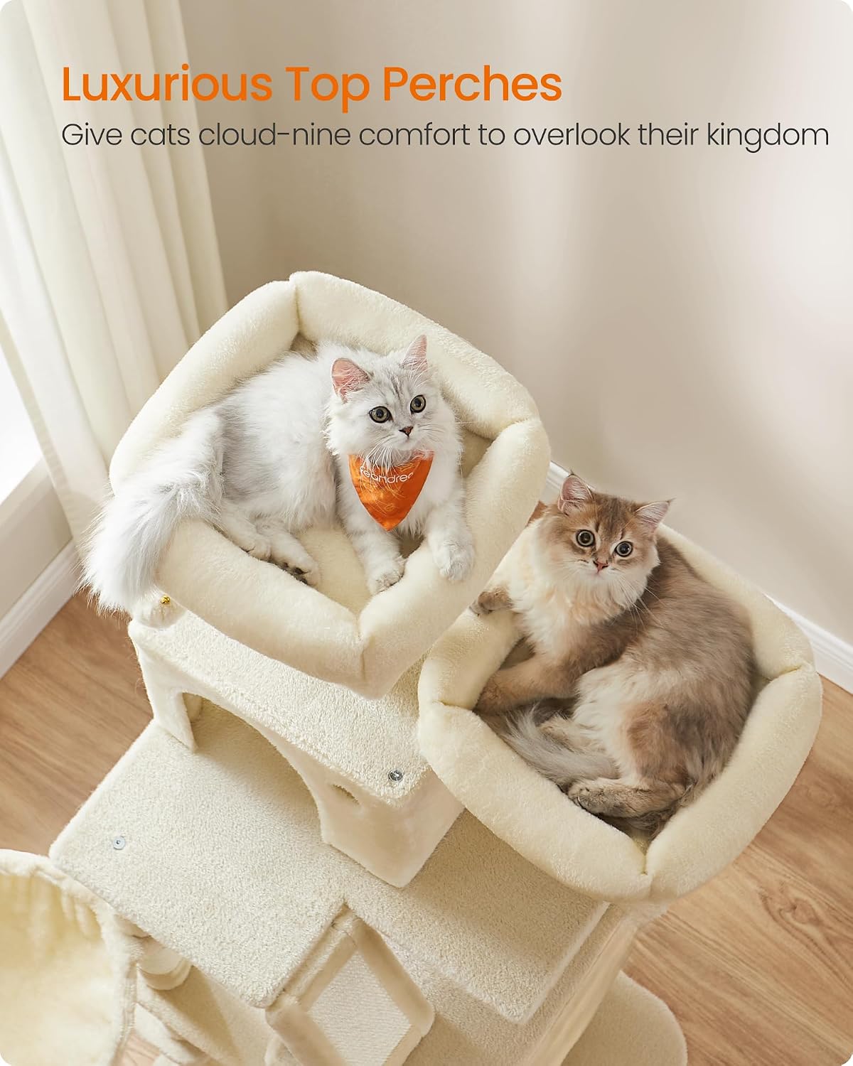 Feandrea Cat Tree, 66.1-Inch Large Cat Tower, Multi-Level Condo, Beige