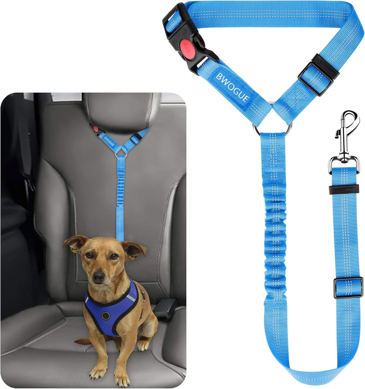 BWOGUE Dog Seat Belt for Car, Headrest Restraint Bungee Lead, Blue
