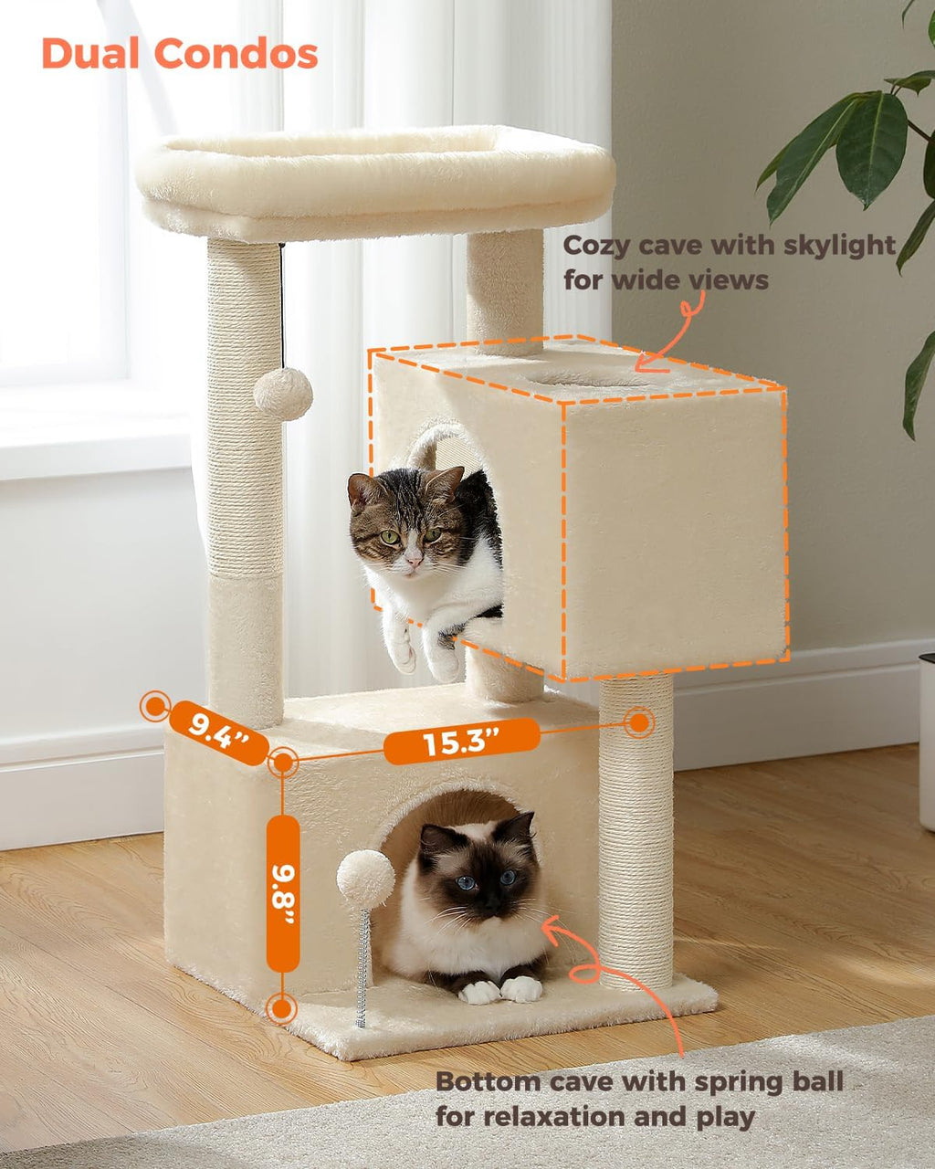 Small Cat Tree for Kittens, 32 in Cat Tower with 2 Cozy Condos