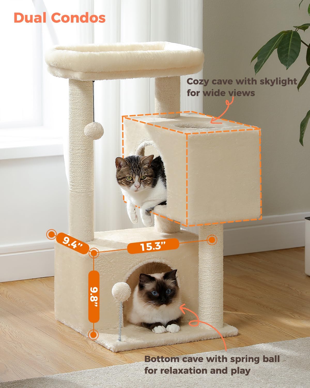 Small Cat Tree for Kittens, 32 in Cat Tower with 2 Cozy Condos