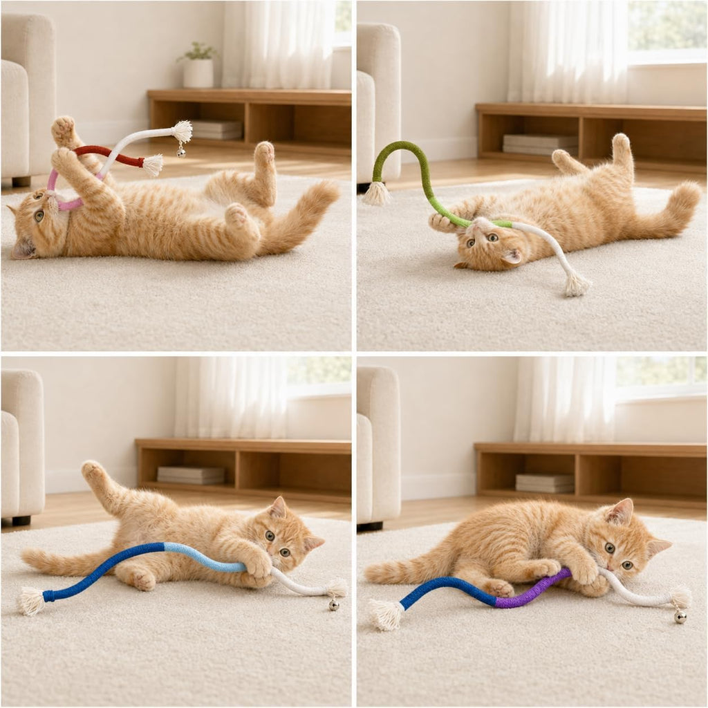 4-Pack Cat Toys for Indoor Cats, Woven Cotton Rope Toys with Bells | Colorful Cotton Rope Cat Chew Toys for Indoor Cats & Kittens, Ideal for Teething, Chewing, Interactive Play & Boredom Relief