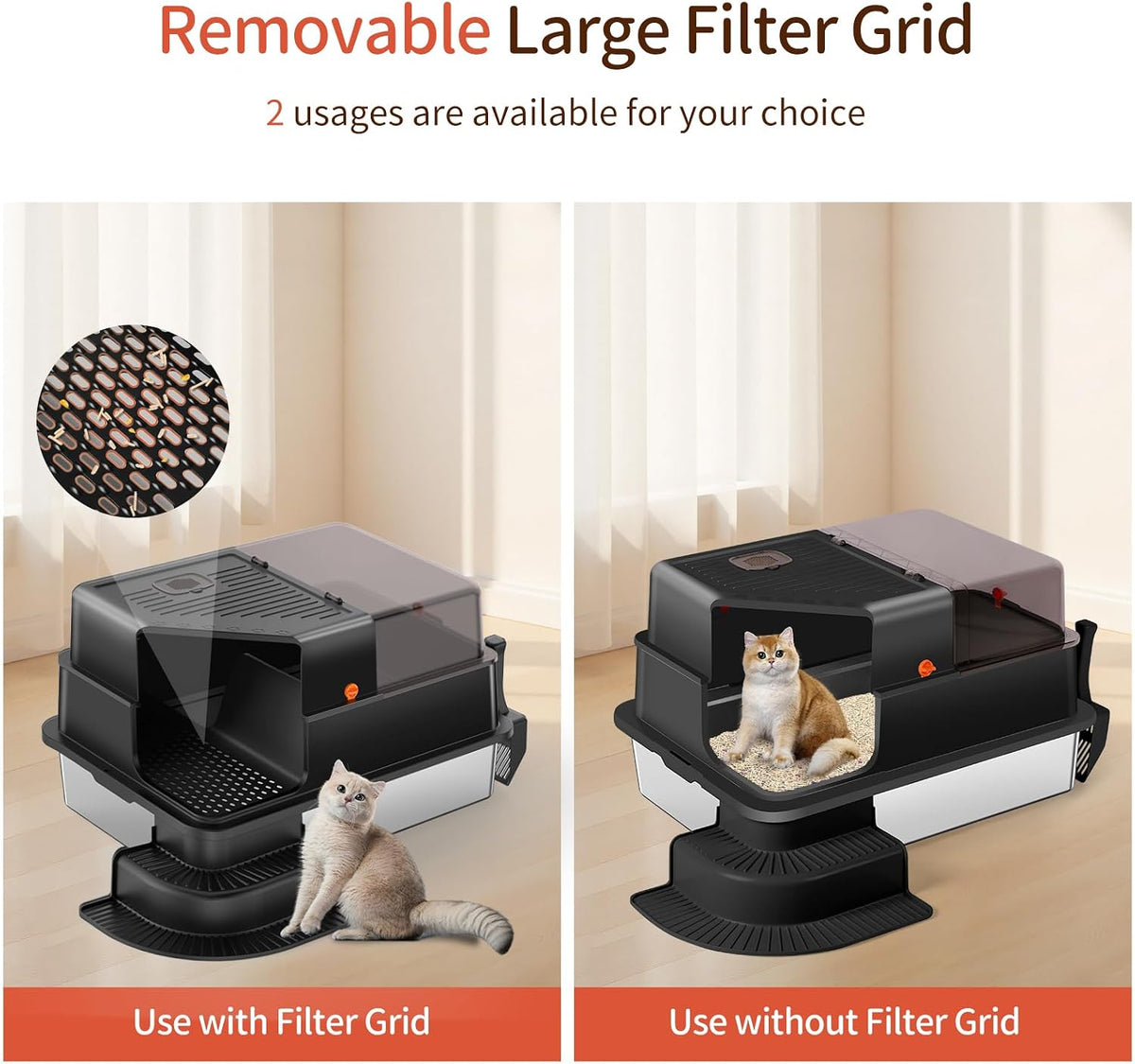 XXXL Stainless Steel Litter Box 28"x20"x18" Enclosed Cat Litter Box, Black | Extra Large Metal Litter Box Tray with High Side, Filtered Grid, Cat Step, Litter Scoop, Non-Odor, Non-Sticky, Easy Cleaning