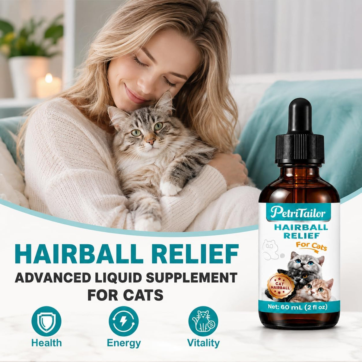 Cat Hairball Remedy Drops for Indoor Cats – Furball Control & Relief, Supports Digestion, Skin & Coat Health
