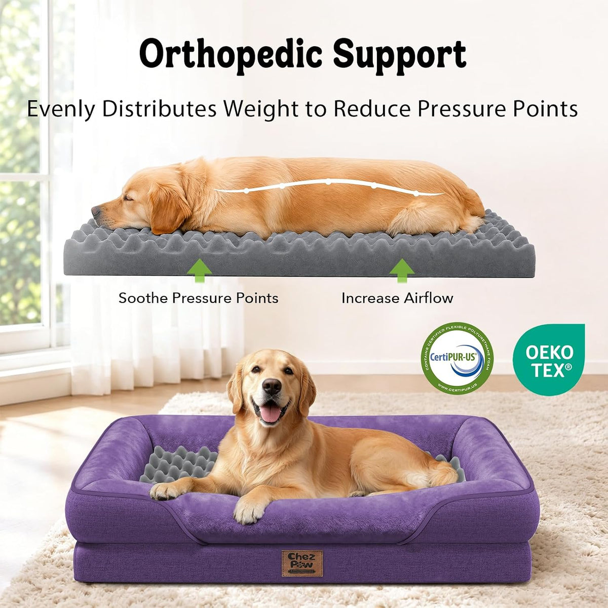 Chez Paw Waterproof Orthopedic Dog Bed for Large and Extra Large Dogs