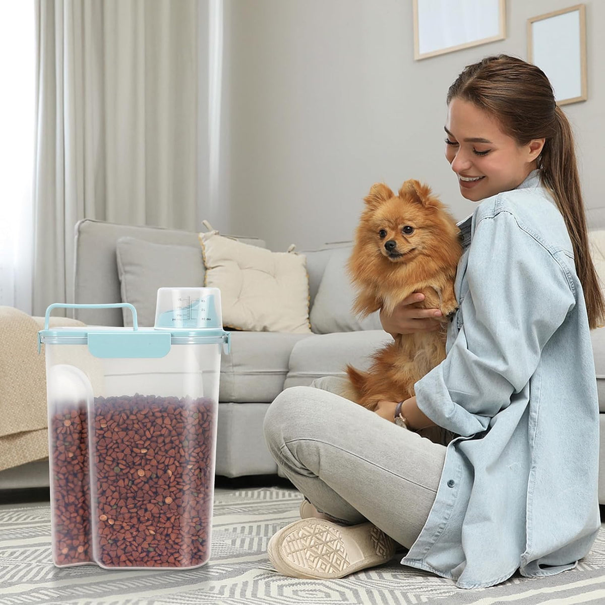 5-7LBS Dog Cat Storage Container Portable with Upgraded Large Spout and Cup, Plastic Pet Food Dispenser for Small Animal Kibble, Bird Seed, Oatmeal, Rice, Flour, Brown Sugart-2 Pack Light blue