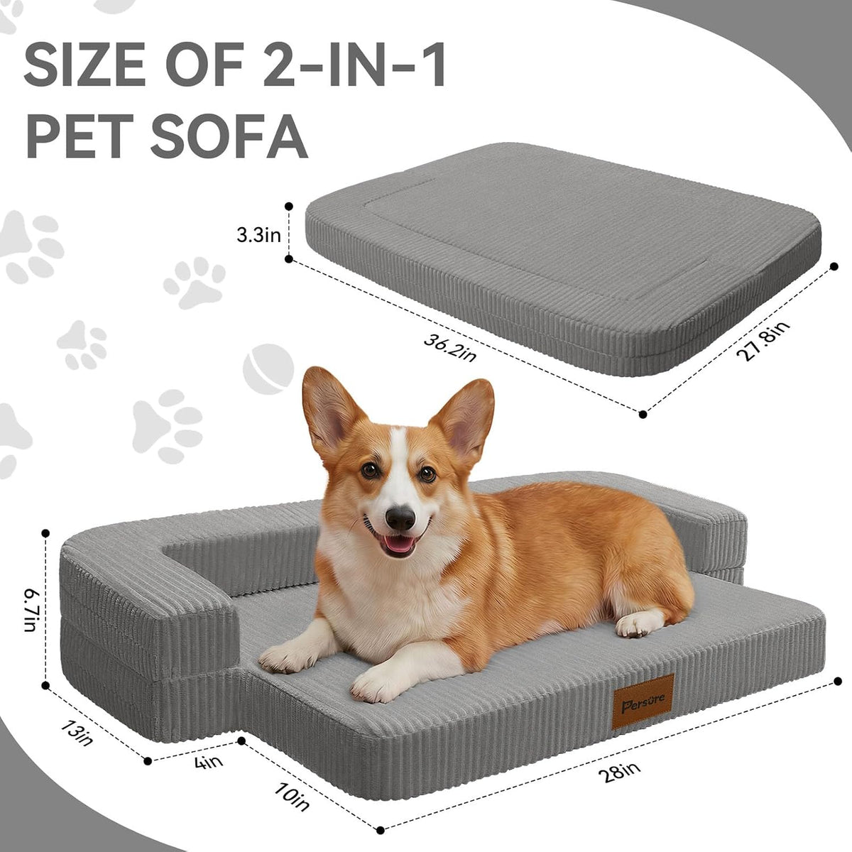 Persure 2-in-1 Dog Sofa Bed, Orthopedic Memory Foam for Medium Large Dog