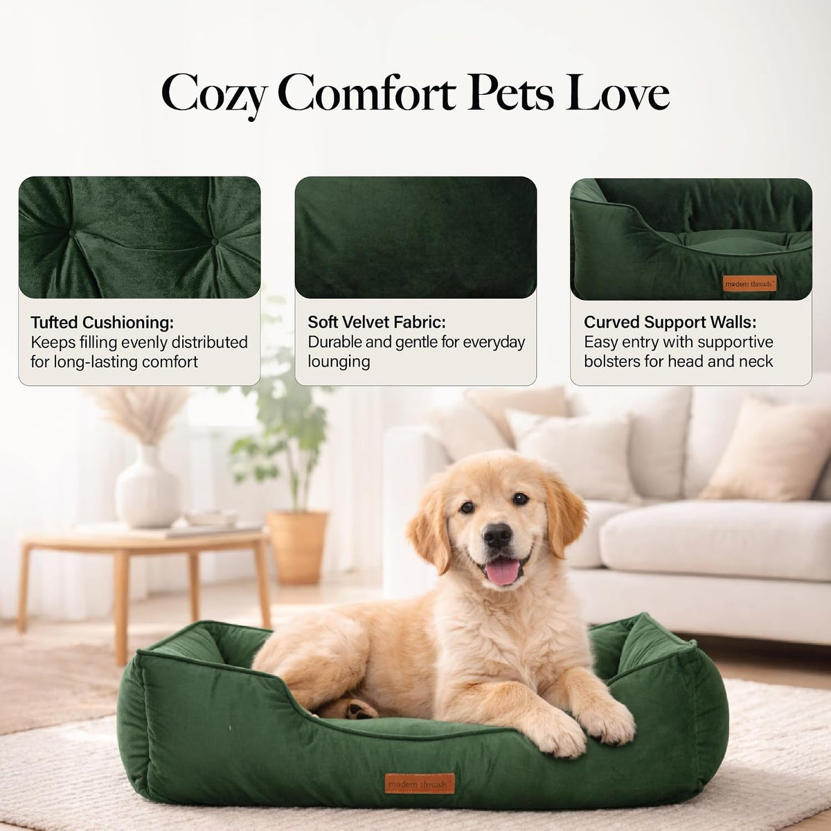 Modern Threads Luxury Dog Bed - Comfortable Tufted Velvet Cushion for Small to Large Dogs - Machine Washable - Durable & Cute Sleep Space for Pets - Pamper Your Pet with Cozy Beds - Forest Green