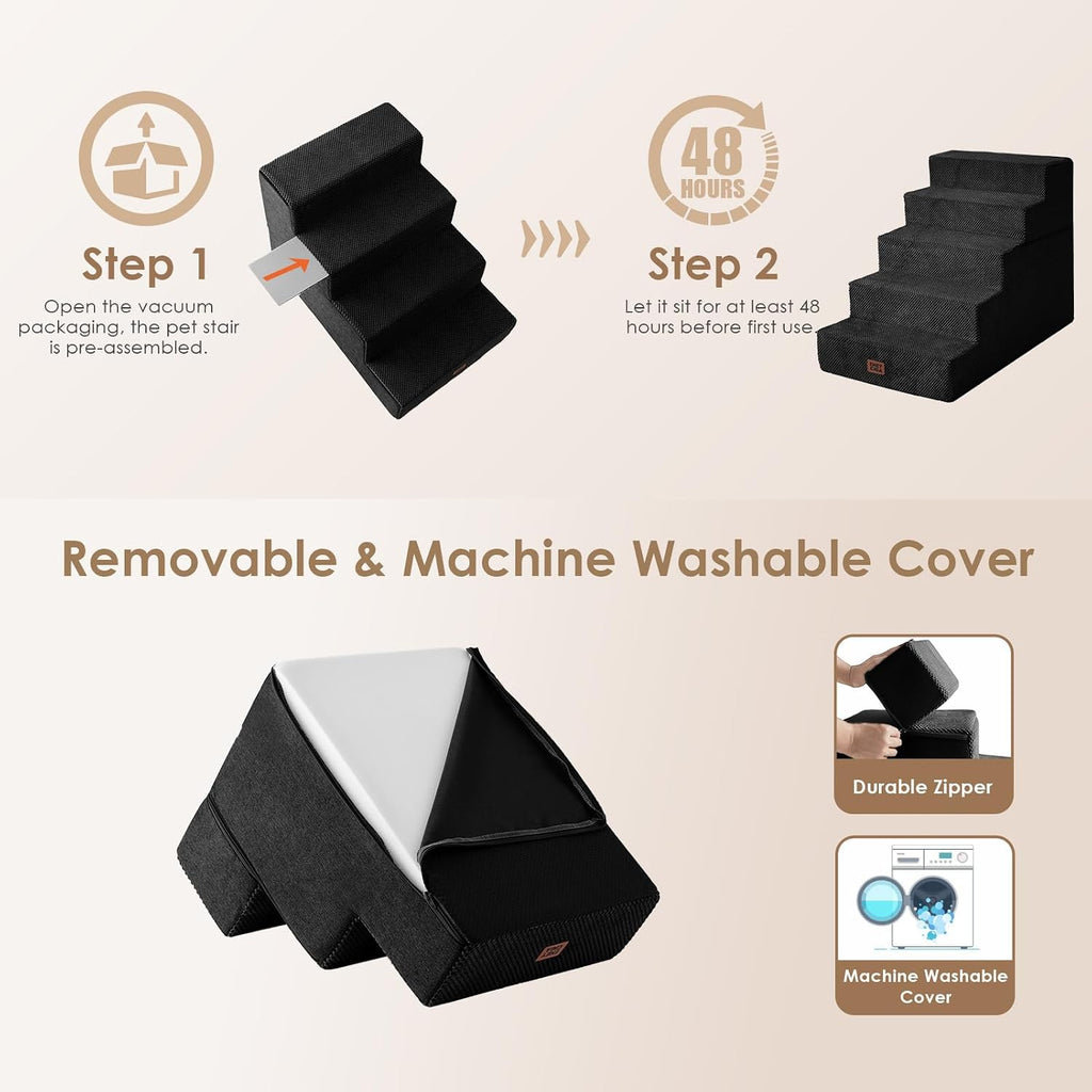 EHEYCIGA Dog Stairs for Bed 22.5" H, 5-Step Extra Wide Dog Steps, Black