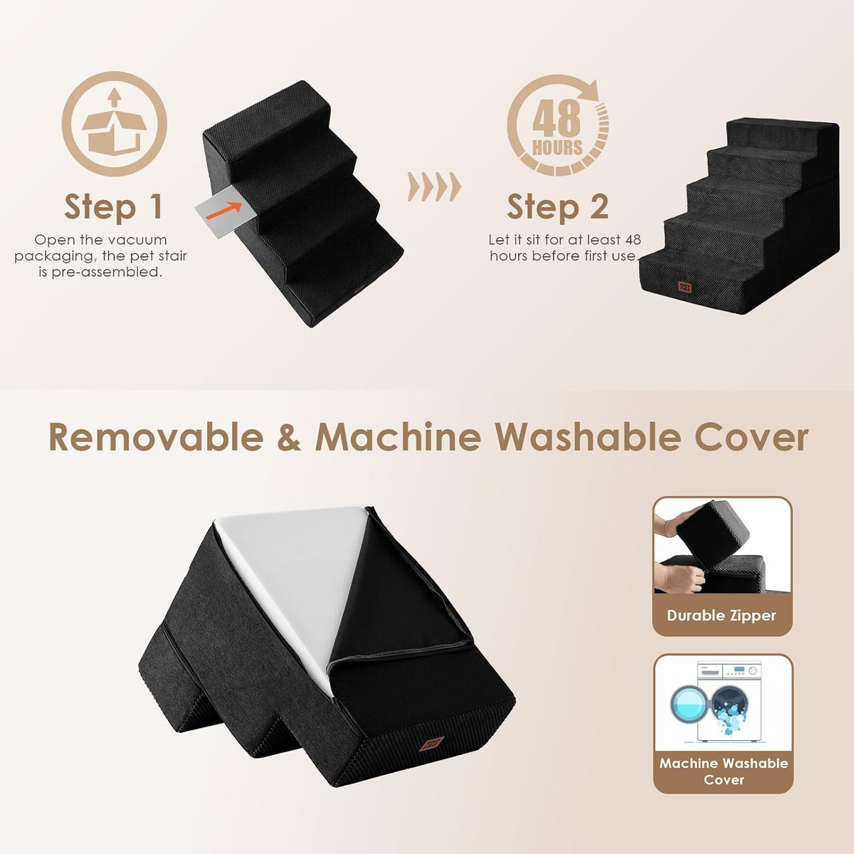 EHEYCIGA Dog Stairs for Bed 22.5" H, 5-Step Extra Wide Dog Steps, Black