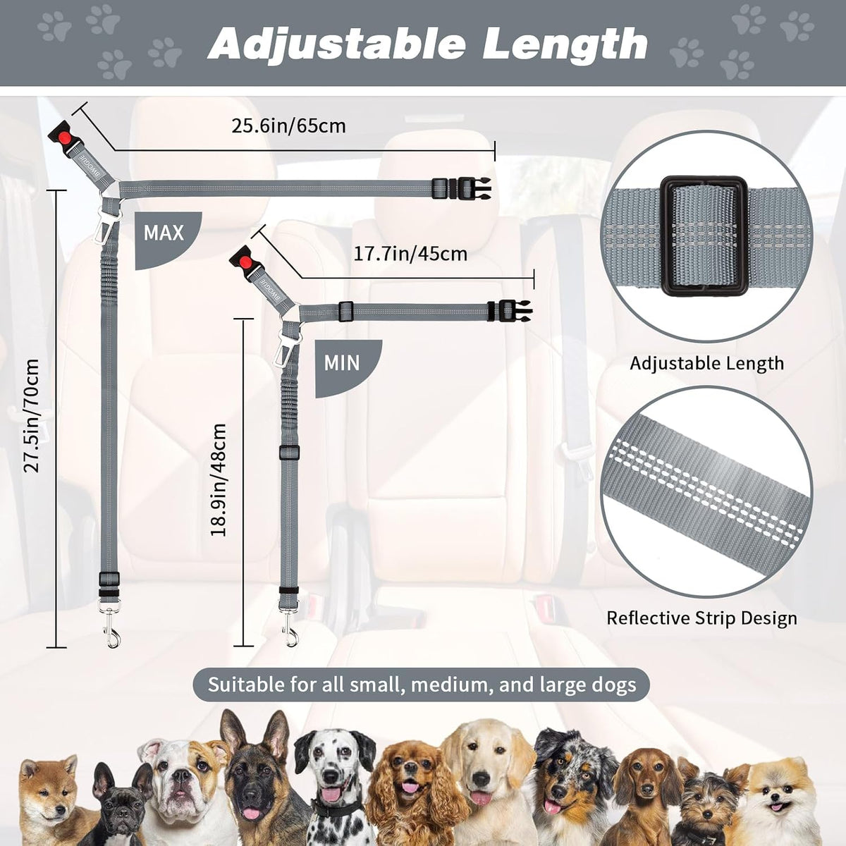 BWOGUE Dog Seat Belt for Car, Headrest Restraint Reflective Bungee, 1 Pack