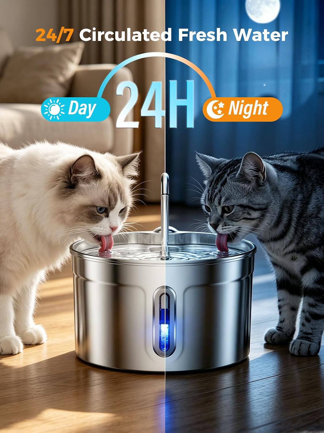 Stainless Steel Cat Water Fountain - 74oz/2.2L Ultra-Silent