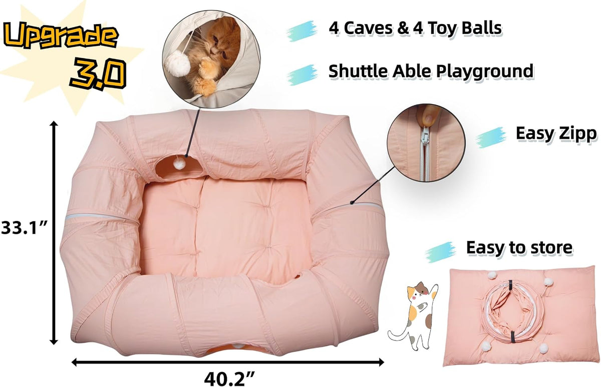 XxingSheep 4 Ways Shuttled XL Cat Tunnel Bed for Indoor Cats Peekaboo Cat Cave Donut with Cool Mat (Pink)