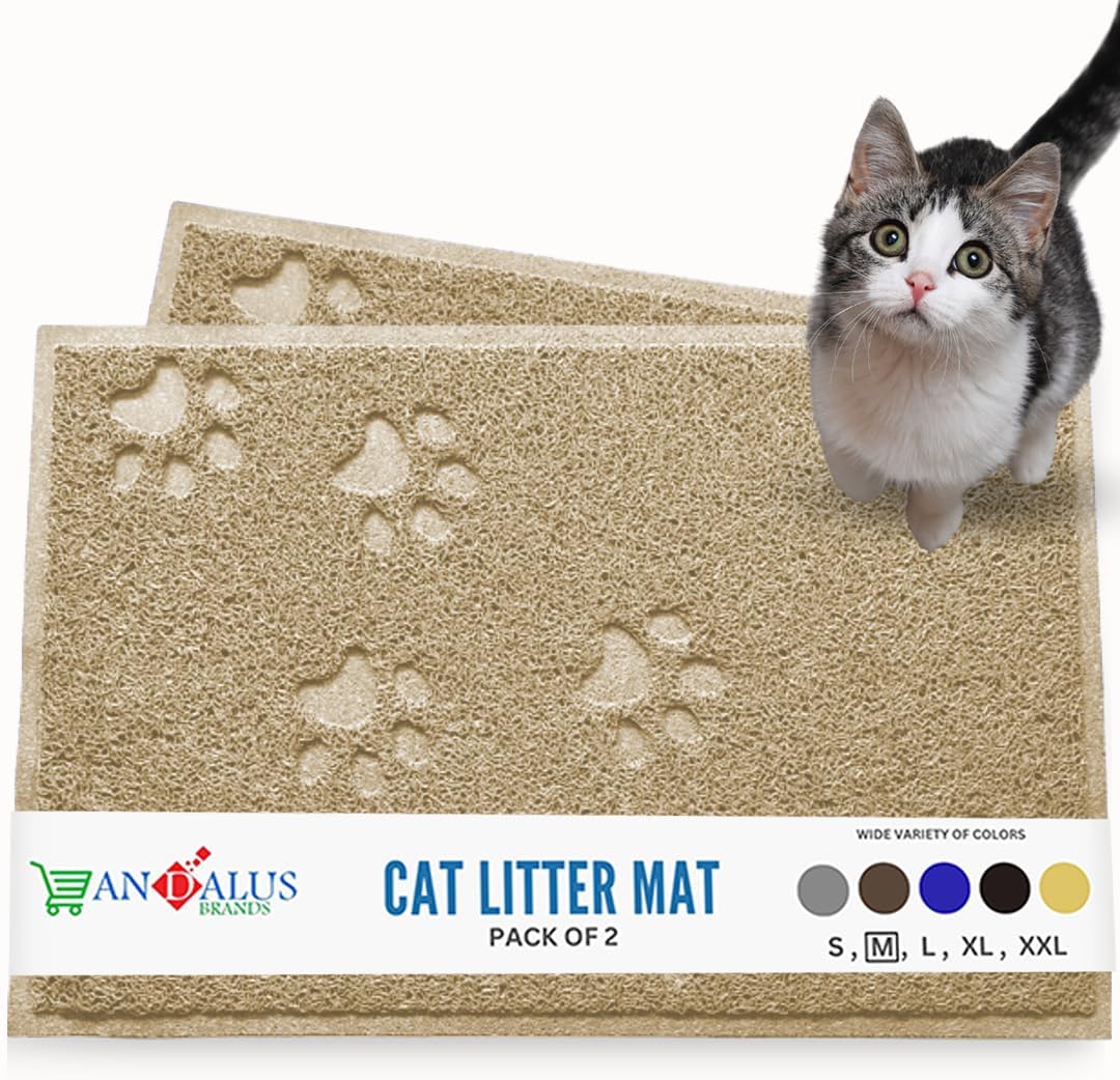 Andalus Medium Cat Litter Mat, Pack of 2 - Waterproof, Non-Slip & Easy to Clean Cat Litter Box Mat for Extra Efficient Pet Litter-Trapping, Beige (23.5” X 15.75”)