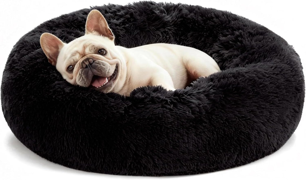 Love's cabin Calming Cat Bed for Indoor Cats, Anti-Anxiety Donut Round Dog Bed,Fluffy Faux Fur Washable Pet Bed for Small Medium Dogs and Cats, Black, 24in