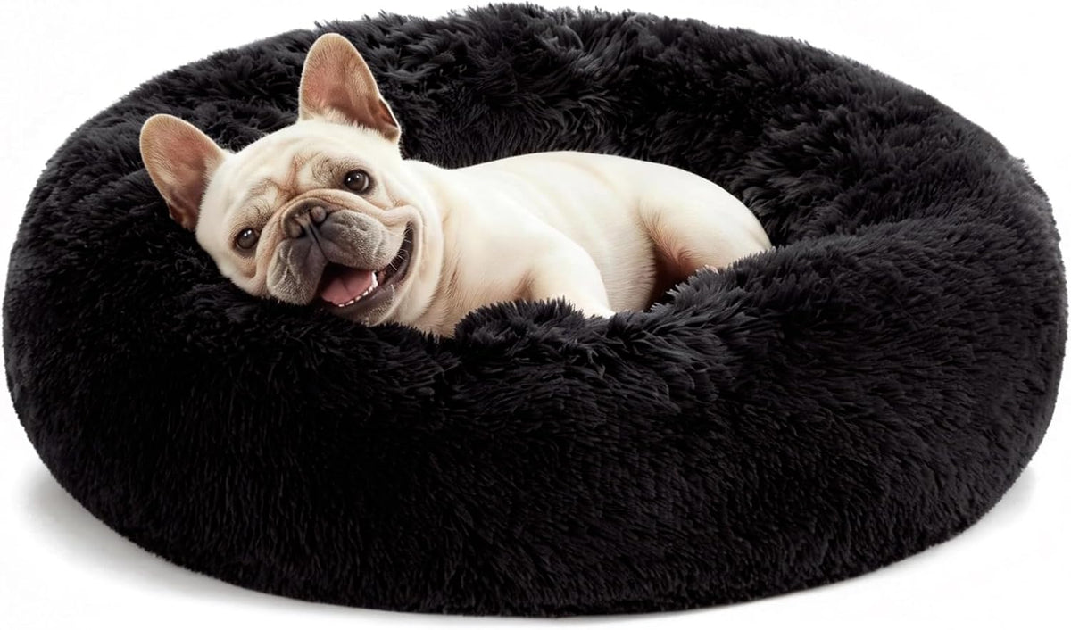 Love's cabin Calming Cat Bed for Indoor Cats, Anti-Anxiety Donut Round Dog Bed,Fluffy Faux Fur Washable Pet Bed for Small Medium Dogs and Cats, Black, 24in