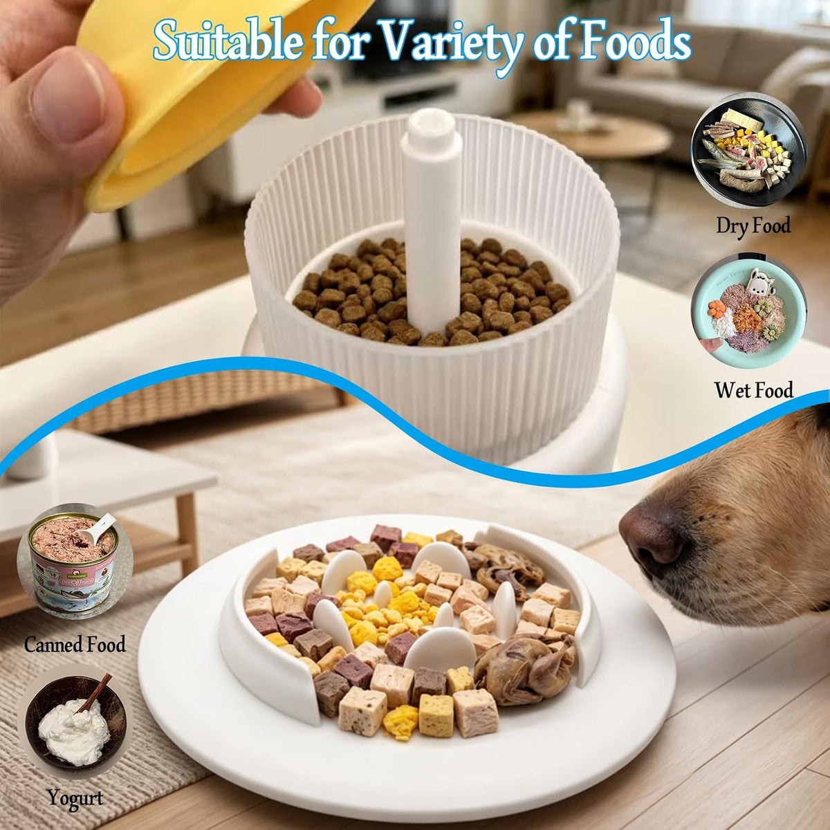 Cat Slow Feeder Toy with Feather Teaser, Interactive Puzzle Feeder for Cats, Mental Stimulation Foraging Toy, Suitable for Dry & Wet Food(Yellow)
