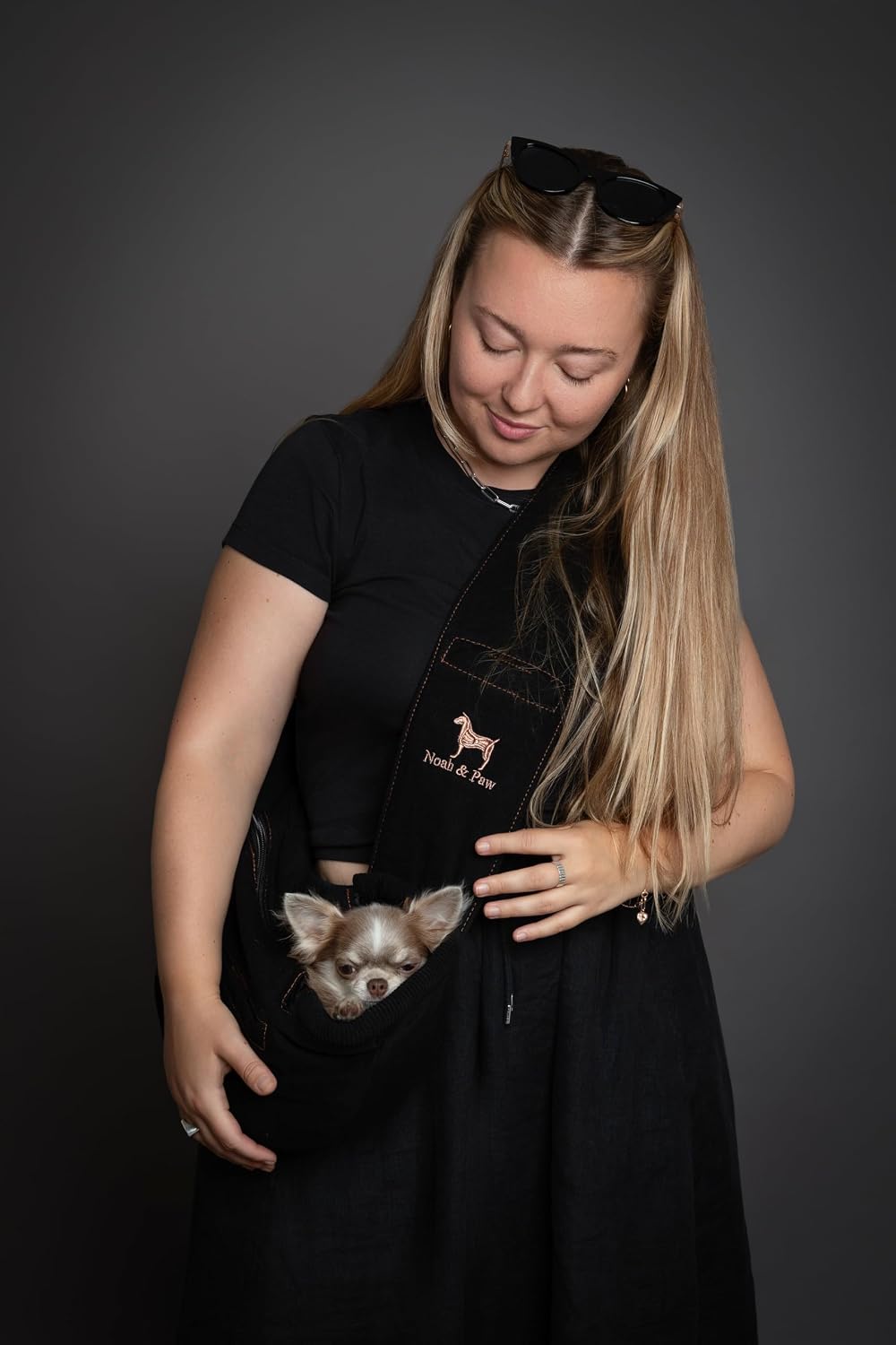 Noah & Paw Dog Sling Carrier for Small Dogs 3-10lb, Dog Sling for Small Dogs and Cats, Dog Carrier with Adjustable Padded Strap, Vegan Denim Lined with Fur, 3X Safety Features, Machine Washable