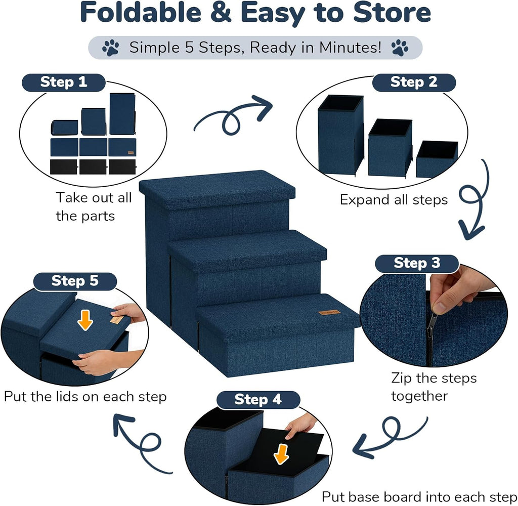 3-Step Wide Dog Stairs with Hidden Storage 18" H, Non-Slip Dog Steps for High Bed Couch Window Car, Jiont-Friendly Pet Stairs Ramp for Small/Medium/Large Old Dogs Cats Up to 220lbs, Navy