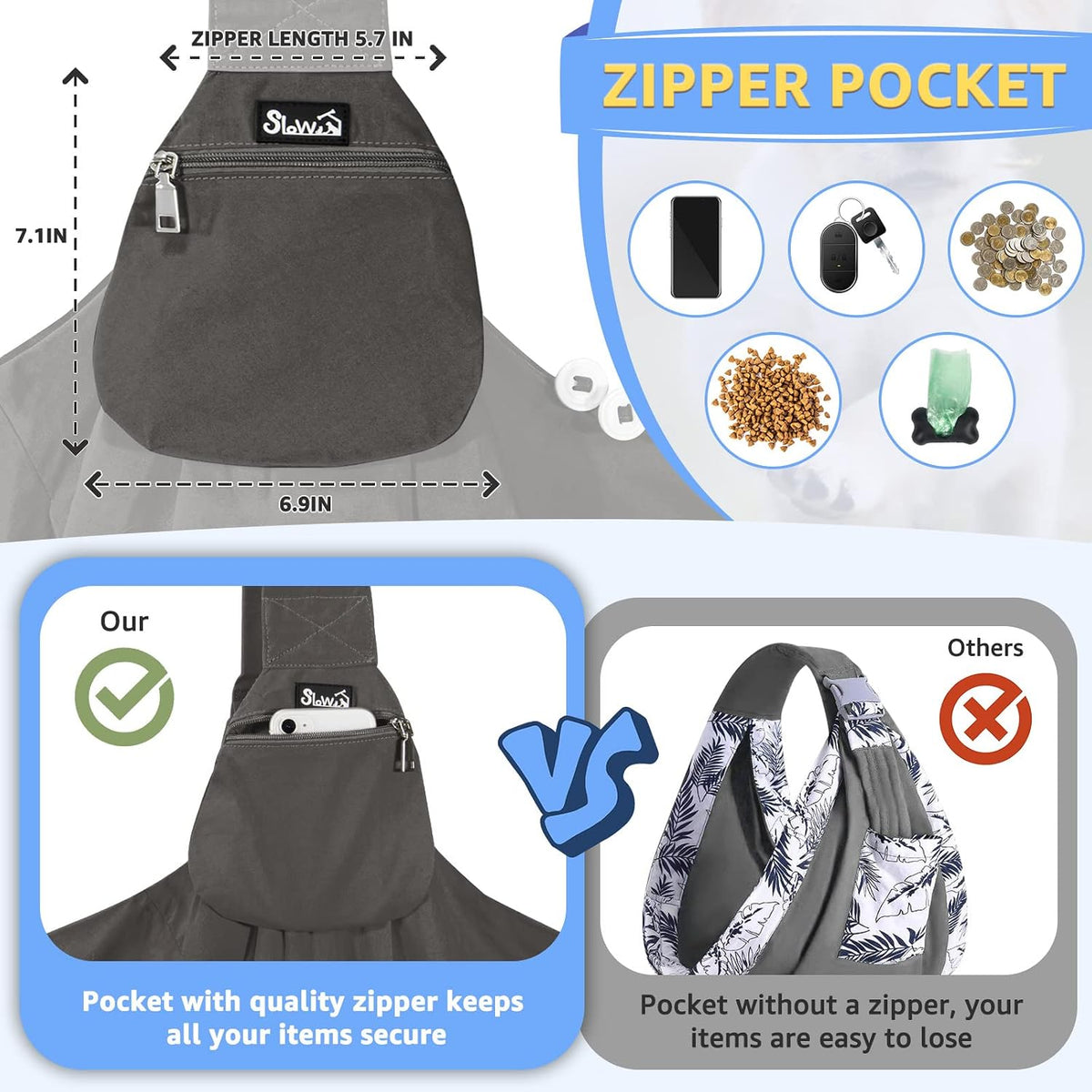 SlowTon Dog Carrier Sling - Thick Padded Shoulder Strap Adjustable, Grey M