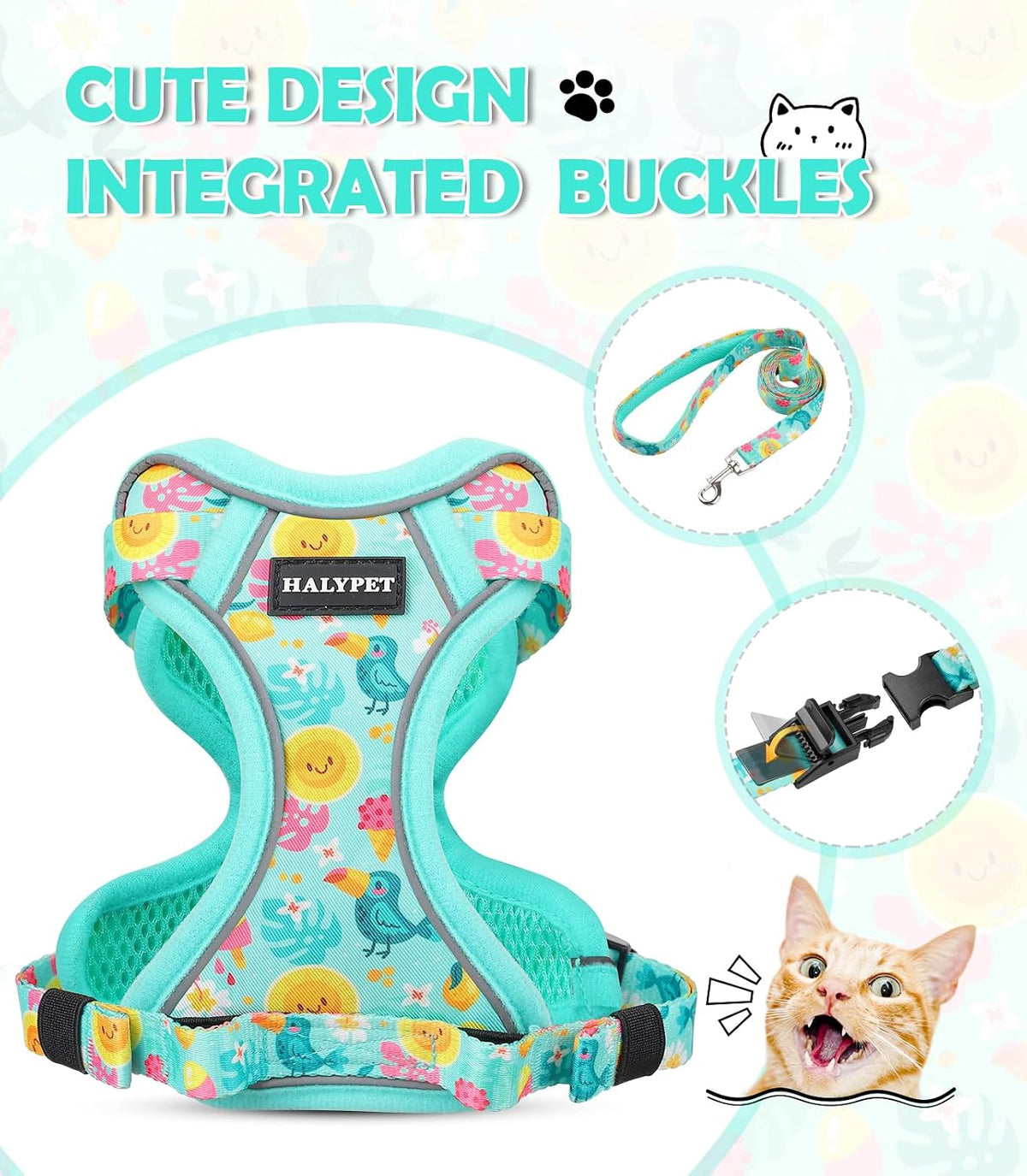 Halypet Cat Harness and Leash Set[MAX Safety 4th-Gen] Cute Escape Proof Vest Harness for Girl&Boy Cat Walking, Comfortable Adjustable Leash and Reflective Strips for Outdoor Kitten, S Green Tropics