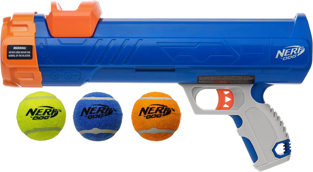 Nerf Dog Compact Tennis Ball Blaster Dog Toy, Great for Fetch, Hands-Free Reload, Launches up to 50 ft, Single Unit, Includes 3 Nerf Balls & Bag, Blue/Orange, Model: 5205