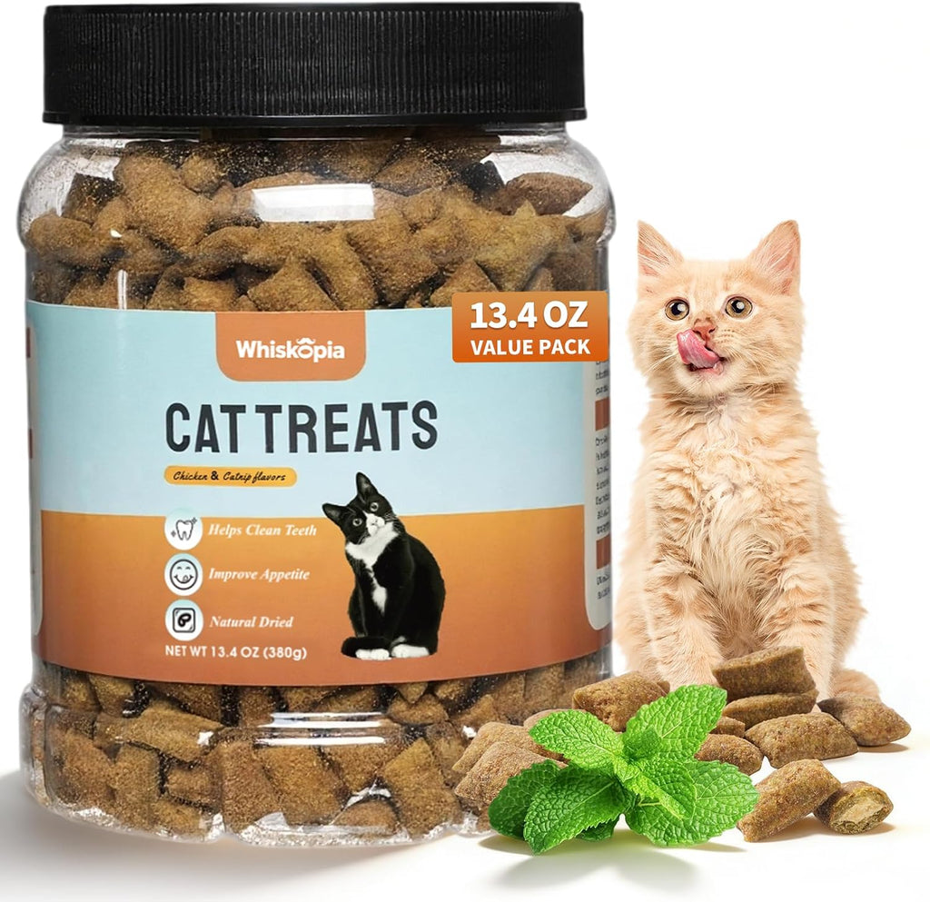 13.4 OZ Crunchy Cat Treats for Indoor Cats Classic Crunchy and Soft Kitten Snack with Real Chicken Training Biscuits for Teeth Cleaning Feline Snacks Tasty Catnip Flavor