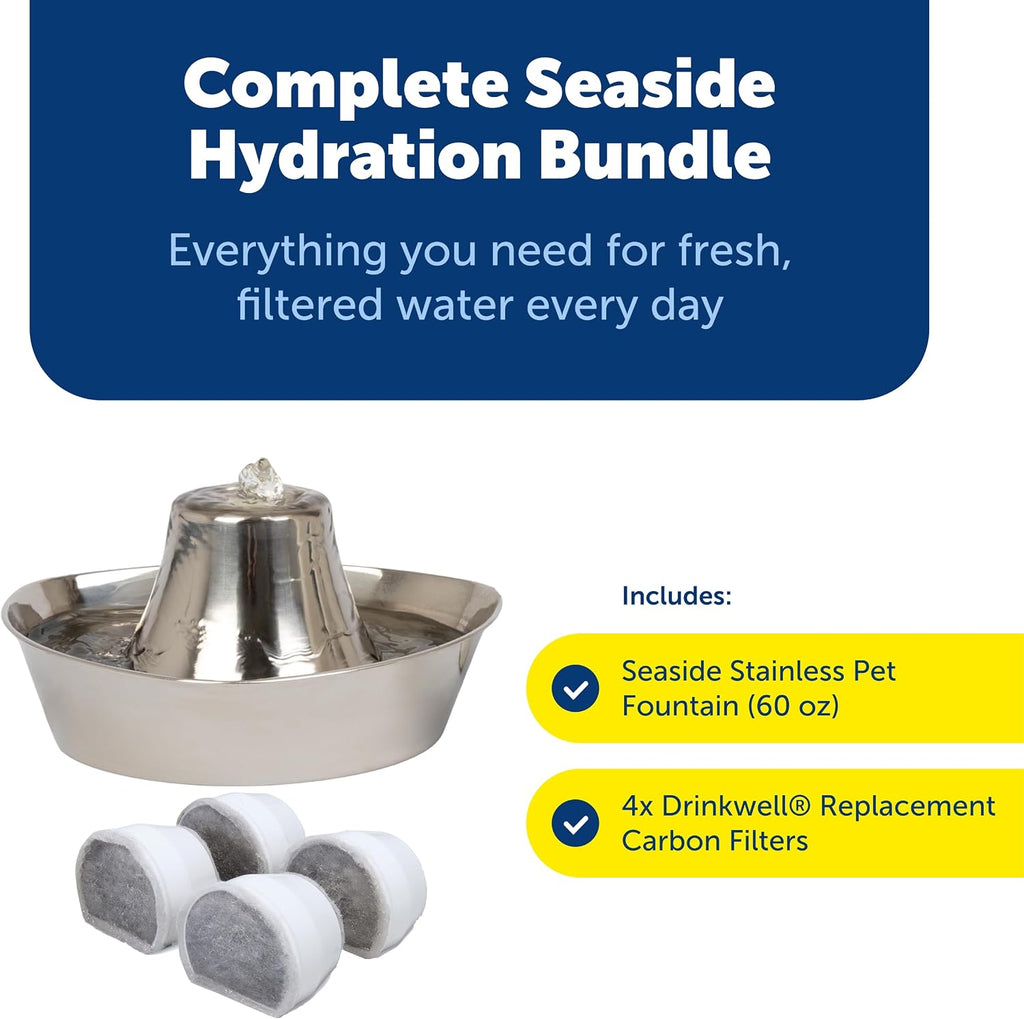 Seaside Stainless Cat & Dog Fountain with 4-Pack of Carbon Filters