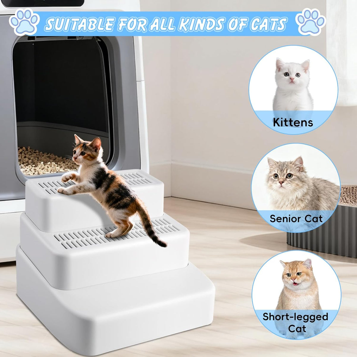 3 Step Litter Box Ramp Adjustable Detachable Litter Box Step, White