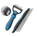 Pet Grooming Combo - Blue Deshedding Brush with Metal Comb, Professional Detangling & Dematting Tool for Long/Matted Fur on Cats and Dogs