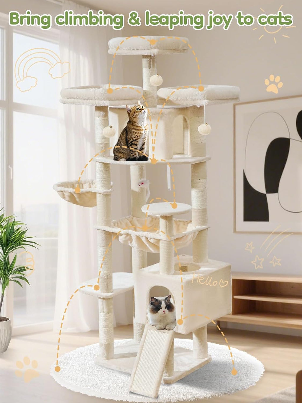 Taoqimiao Tall Cat Tree, 76In XL Cat Tower for Large Cats, 3 Padded Perches