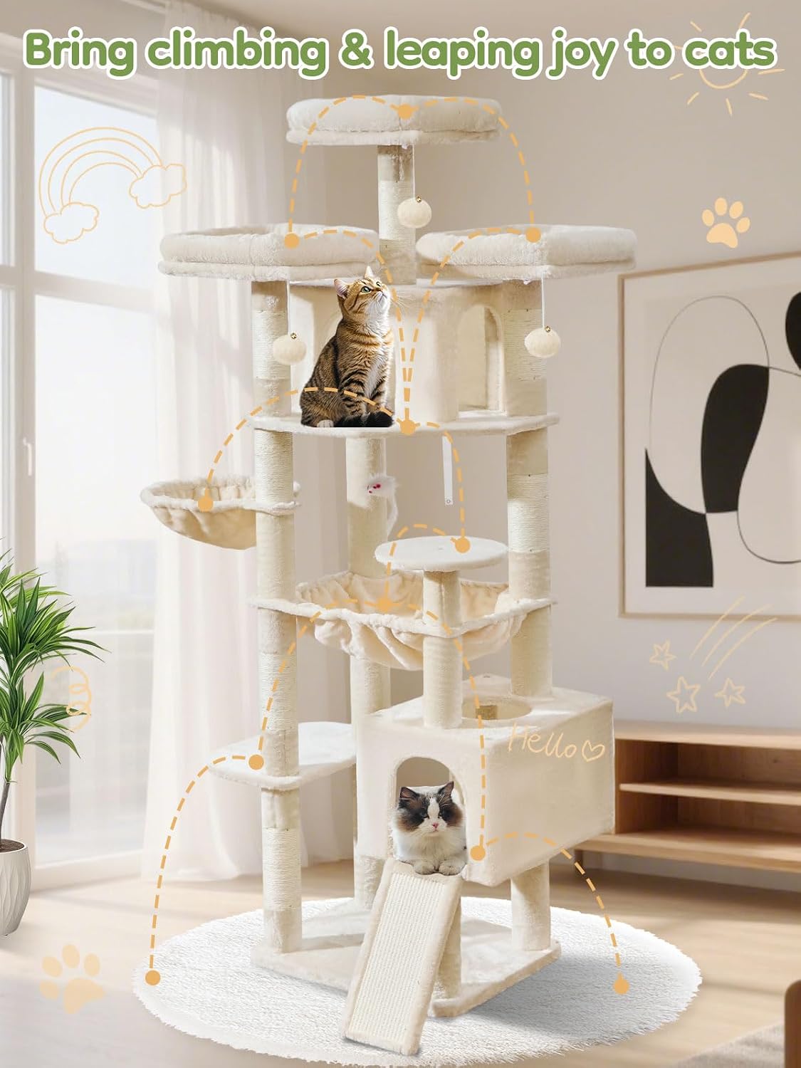 Taoqimiao Tall Cat Tree, 76In XL Cat Tower for Large Cats, 3 Padded Perches