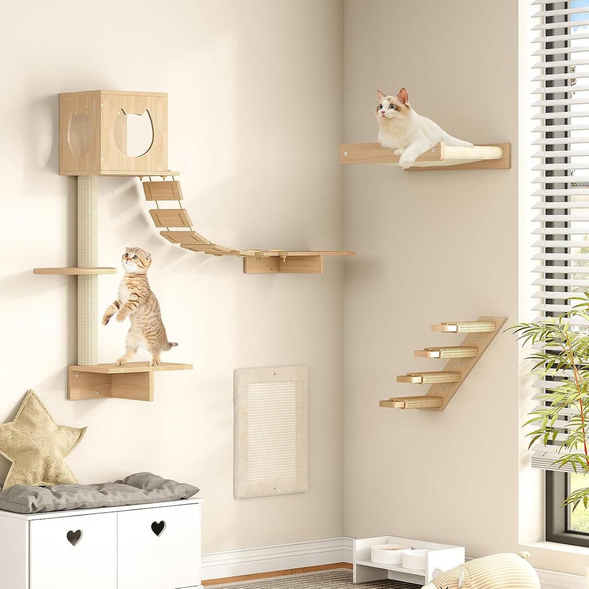 HOOBRO Wood Cat Wall Shelves, Set of 5 Modern Cat Wall Furniture with Corridor, Plush Hammock, Steps, Scratcher and Climbing Shelves for Playing, Sturdy, Durable and Safe, Natural NL45CS03