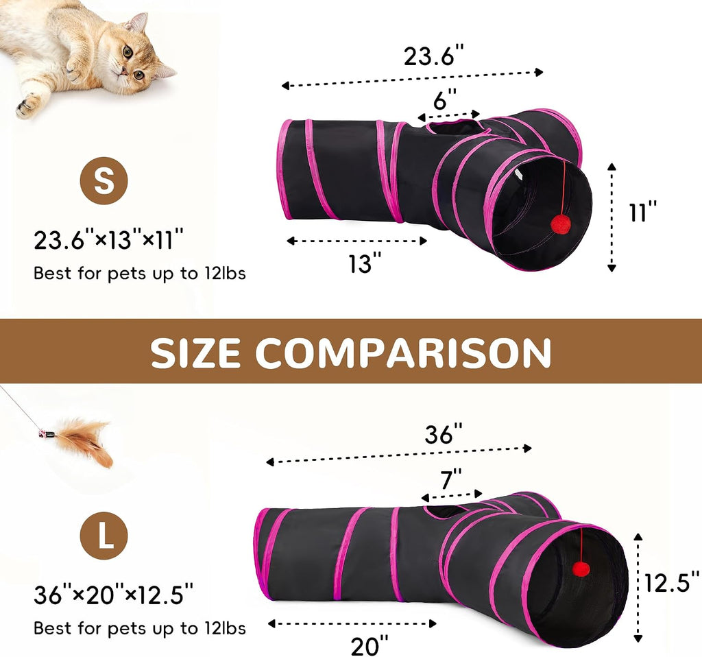 Tempcore Cat Tunnel, 3-Way Collapsible Toy, Large Size Black & Rose Red | Large Size 3-Way Cat Tunnel Provides More Room for Cats to Run, Hide and Chase, with Peek Holes, Hanging Ball and Teaser Wand