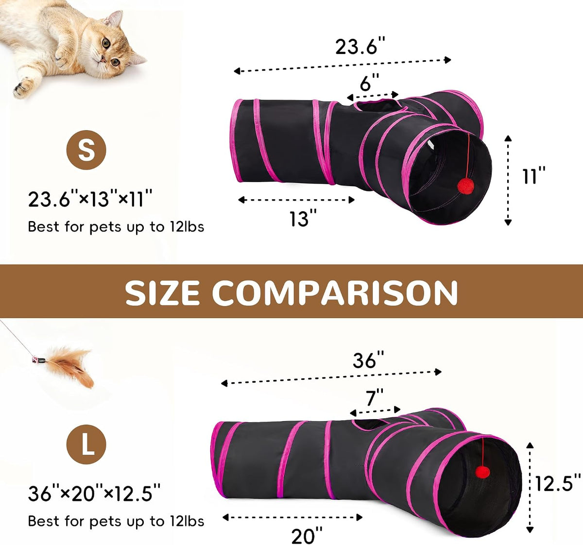 Tempcore Cat Tunnel, 3-Way Collapsible Toy, Large Size Black & Rose Red | Large Size 3-Way Cat Tunnel Provides More Room for Cats to Run, Hide and Chase, with Peek Holes, Hanging Ball and Teaser Wand
