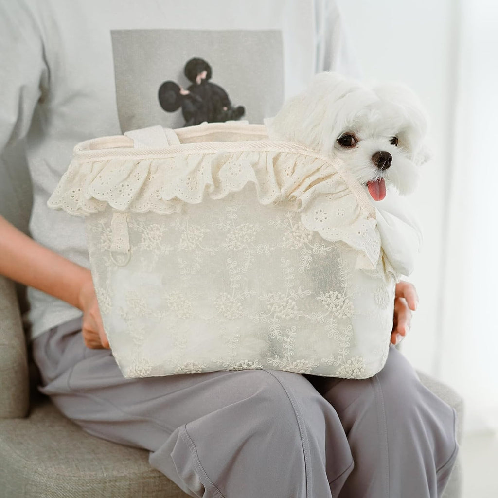ONECUTE Dog Carrier for Small Dogs Rabbit cat with Lace Design, Cotton Bag, Dog Carrier Soft Sided, Collapsible Travel Puppy Carrier (Beige, 13" L x 6.7" W x 10.6" H)