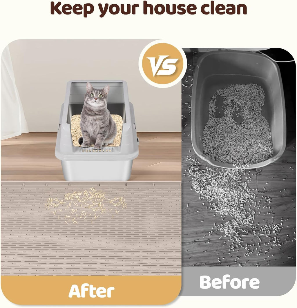 Silicone Cat Litter Mat for Litter Box 50”x35” Large Cat Mat, Khaki | Waterproof, Non-Slip, Leak-Proof Rug Mat with Lip, Easy to Clean, Extra Large Litter Catcher Mat for Floor