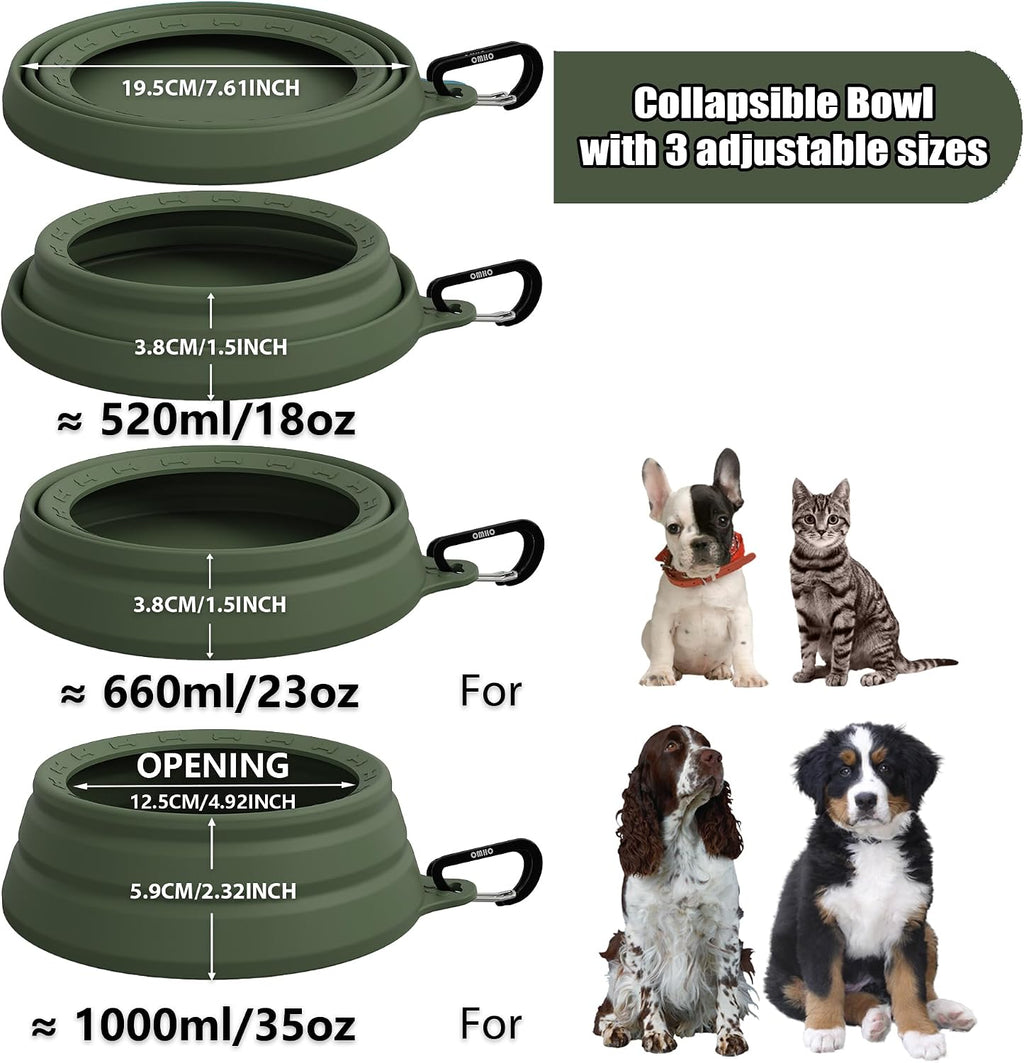 OHMO Spill Proof Collapsible Dog Bowl, 34oz Portable Dog Water Bowl | Low Center Gravity Stability, Tapered Splash Control, Foldable, Dishwasher Safe, Dog Travel Essential, Camo Green