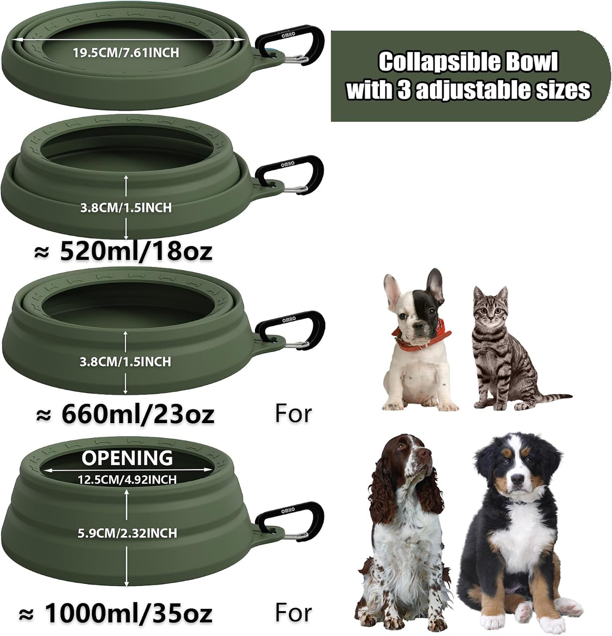 OHMO Spill Proof Collapsible Dog Bowl, 34oz Portable Dog Water Bowl | Low Center Gravity Stability, Tapered Splash Control, Foldable, Dishwasher Safe, Dog Travel Essential, Camo Green